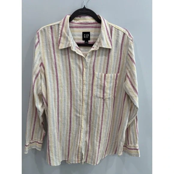 GAP Linen Blend Striped Button Up Shirt Women's Large Long Sleeve Casual - Picture 7 of 11